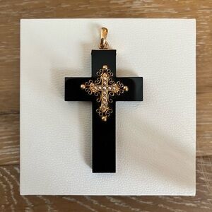 Victorian Onyx and Pearls Gold Cross Pendant